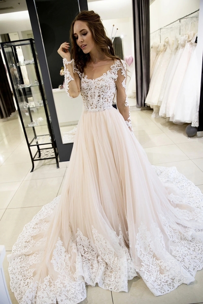 Champagne Tulle Wedding Dress,Lace Bride Dresses