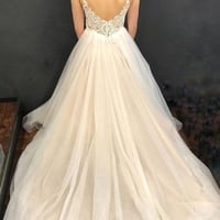 Light Champagne Tulle Lace Wedding Dress,Open Back Bride Gown - Thumbnail 1