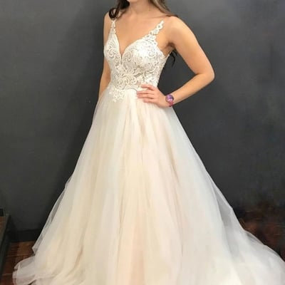 Light champagne tulle lace wedding dress,open back bride gown - Thumbnail 1