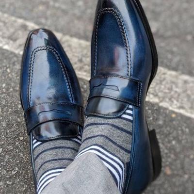 New handmade men's leather new blue two tone classic penny loafers custom shoes