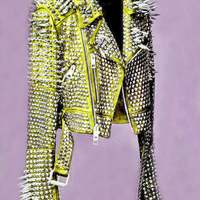 Women Yellow Spiked Studded Leather Jacket Steam Punk Gothic Rockers Jacket - Thumbnail 4