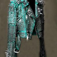 Women Turquoise Blue High Res Spiked Studded Leather Jacket Steam Punk Gothic Rockers Jacket - Thumbnail 4