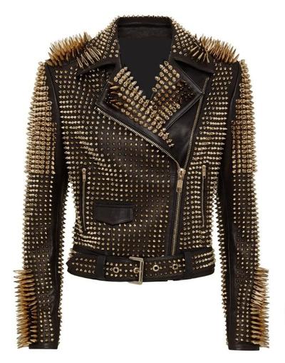 Golden Studded Leather Jacket, Women Gold Spiked Leather Jacket, Women Steam Punk Gold Studs Jacket, Gothic Hippie Golden Studs and Spikes