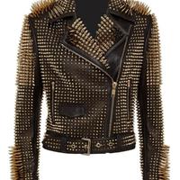 Golden Studded Leather Jacket, Women Gold Spiked Leather Jacket, Women Steam Punk Gold Studs Jacket, Gothic Hippie Golden Studs and Spikes - Thumbnail 4