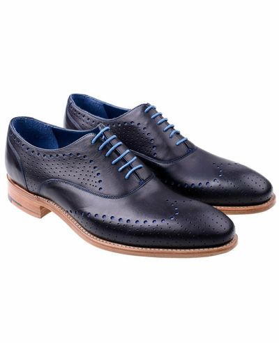 Navy Blue Wing Tip Hole Punch Style Perfectionist Official Real Leather Shoes