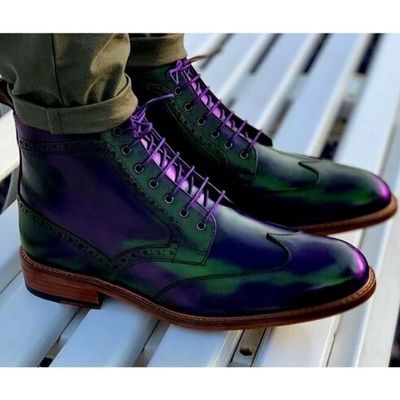 Men derby lace up genuine leather wingtip handmade formal ankle boots - Thumbnail 1
