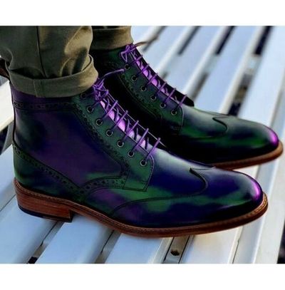 Men Derby Lace Up Genuine Leather Wingtip Handmade Formal Ankle Boots
