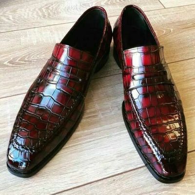Handmade men's genuine burgundy leather crocodile print moccasins loafer shoes