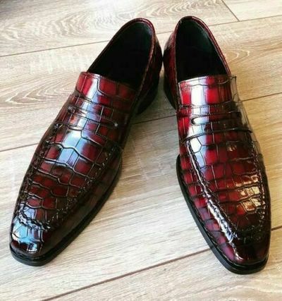Handmade Men's Genuine Burgundy Leather Crocodile Print Moccasins Loafer Shoes