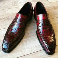 Handmade Men's Genuine Burgundy Leather Crocodile Print Moccasins Loafer Shoes - Thumbnail 4