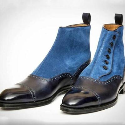 Handmade mens two tone ankle button boots, men black and blue dress boot