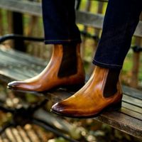 Handmade Mens Burnished Tan Chelsea Ankle Dress Boots,Real Leather Office Boots - Thumbnail 4