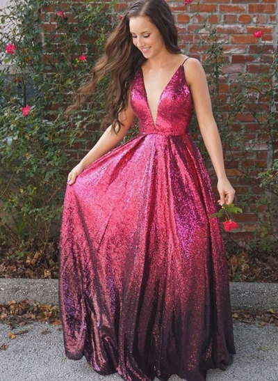 V Neck Gradient Prom Dresses Sequins