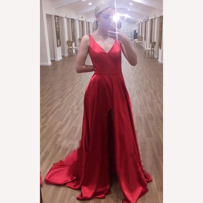 V neck red slit prom dresses - Thumbnail 4