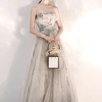 Champagne tulle sequins long A line prom dress - Thumbnail 2