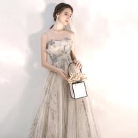 Champagne tulle sequins long A line prom dress - Thumbnail 3