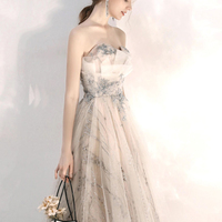 Champagne tulle sequins long A line prom dress - Thumbnail 4
