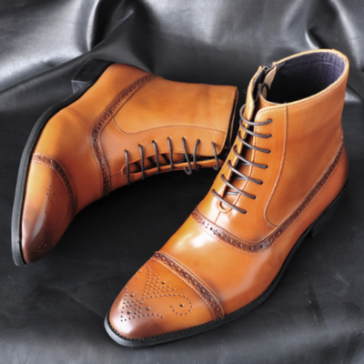 Handmade mens cap toe tan color side zipper lace up dress boot, men ankle boot