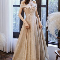 Gold sequins long A line prom dress evening dress - Thumbnail 7