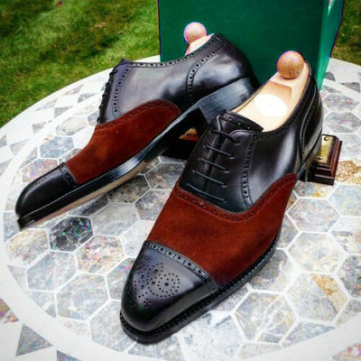Handmade two tone oxford shoes, men burgundy and black dress shoes, formal shoes