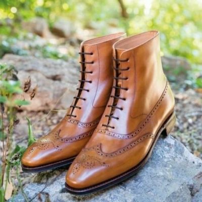 Handmade men tan color leather ankle boots, men wing tip brogue dress ankle boot - Thumbnail 1
