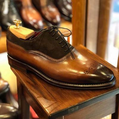 Handmade brown leather and suede brogue shoes, leather dress shoes mens - Thumbnail 1