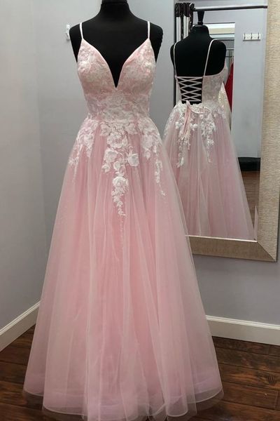 Pretty A-Line V Neck Pink Tulle Long Prom Evening Dress