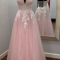 Pretty A-Line V Neck Pink Tulle Long Prom Evening Dress - Thumbnail 1