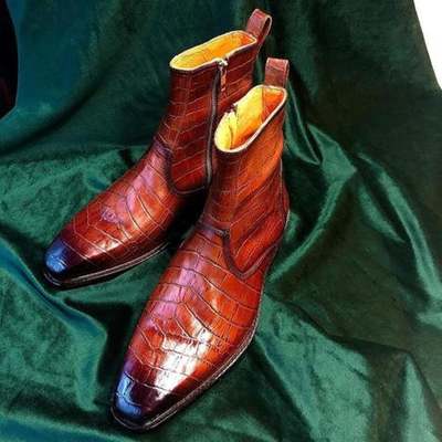 New handmade brown shaded crocodile leather zipper ankle boots for men's
