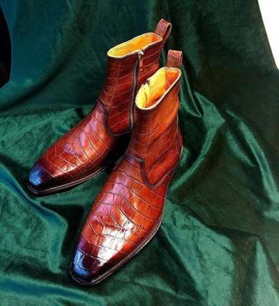 New Handmade Brown Shaded Crocodile Leather Zipper Ankle Boots for Men's