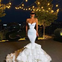 Sexy Mermaid Strapless White Satin Organza Prom Evening Dress - Thumbnail 1
