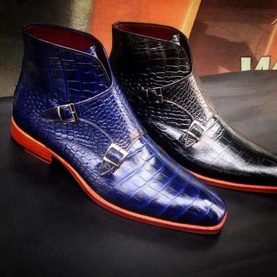 New handmade black & blue crocodile leather monk strap chukka boots for men's - Thumbnail 2