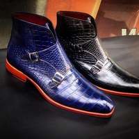 New Handmade Black & Blue Crocodile Leather Monk Strap Chukka Boots for Men's - Thumbnail 4