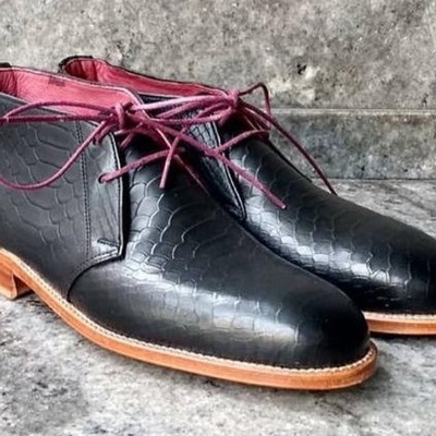 New handmade black snake leather lace up chukka boots for men's - Thumbnail 2