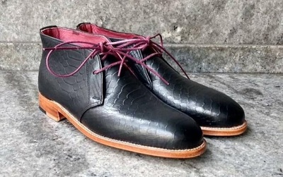 New Handmade Black Snake Leather Lace Up Chukka Boots for Men's
