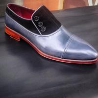 New Pure Handmade Black Suede & Gray Leather Stylish Button Shoes For Men's - Thumbnail 1
