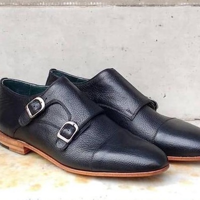 New pure handmade black leather stylish monk strap shoes for men's