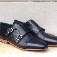 New Pure Handmade Black Leather Stylish Monk Strap Shoes For Men's - Thumbnail 4