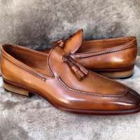 New Pure Handmade Tan Shaded Leather Tassel Loafer Shoes For Men's - Thumbnail 1
