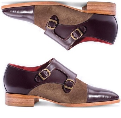 New Pure Handmade Brown Suede & Dark Brown Leather Monk Strap Shoes For Men's
