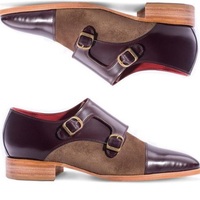 New Pure Handmade Brown Suede & Dark Brown Leather Monk Strap Shoes For Men's - Thumbnail 4