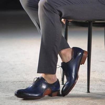 New pure handmade blue leather lace up dress shoes for men's