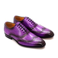 Men Oxford Purple Patina Brogue Wingtip Patent Cow Leather Handmade Formal Shoes - Thumbnail 1