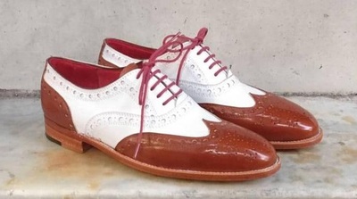 New Pure Handmade White & Tan Leather Lace up Brogue Shoes for Men's