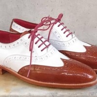 New Pure Handmade White & Tan Leather Lace up Brogue Shoes for Men's - Thumbnail 4