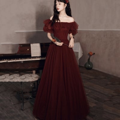 Burgundy tulle long a line prom dress evening dress - Thumbnail 4