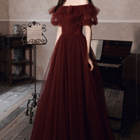 Burgundy tulle long A line prom dress evening dress - Thumbnail 1