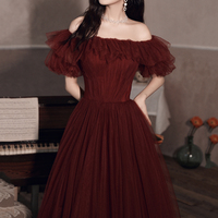 Burgundy tulle long A line prom dress evening dress - Thumbnail 2