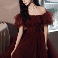 Burgundy tulle long A line prom dress evening dress - Thumbnail 3