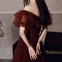 Burgundy tulle long A line prom dress evening dress - Thumbnail 4